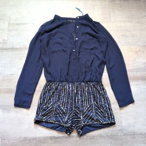 ZARA Trafaluc Jumpsuit Romper, Navy Blue Sheer Top Gold Sequins Shorts, Women M